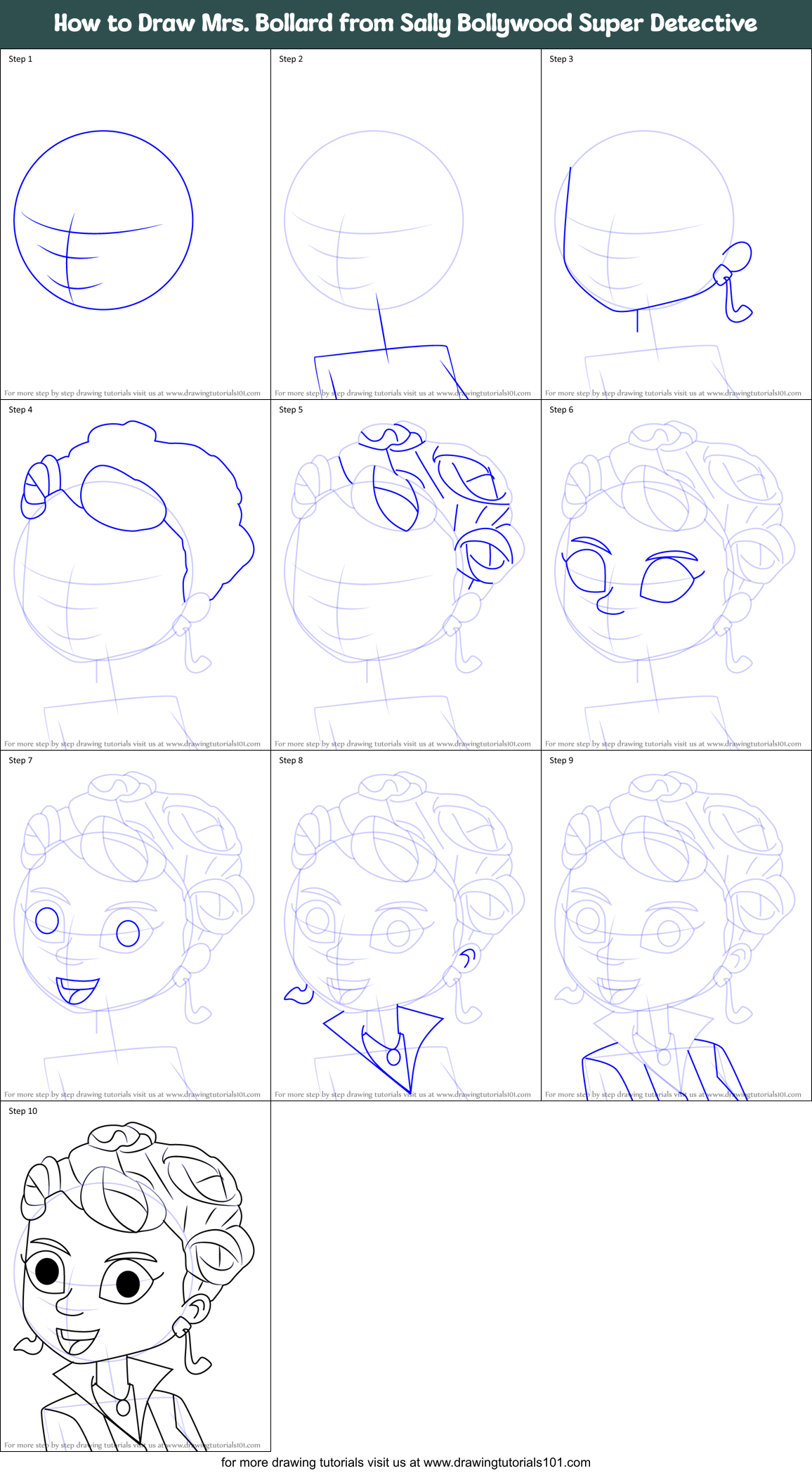 How to Draw Mrs. Bollard from Sally Bollywood Super Detective Printable Step by Step