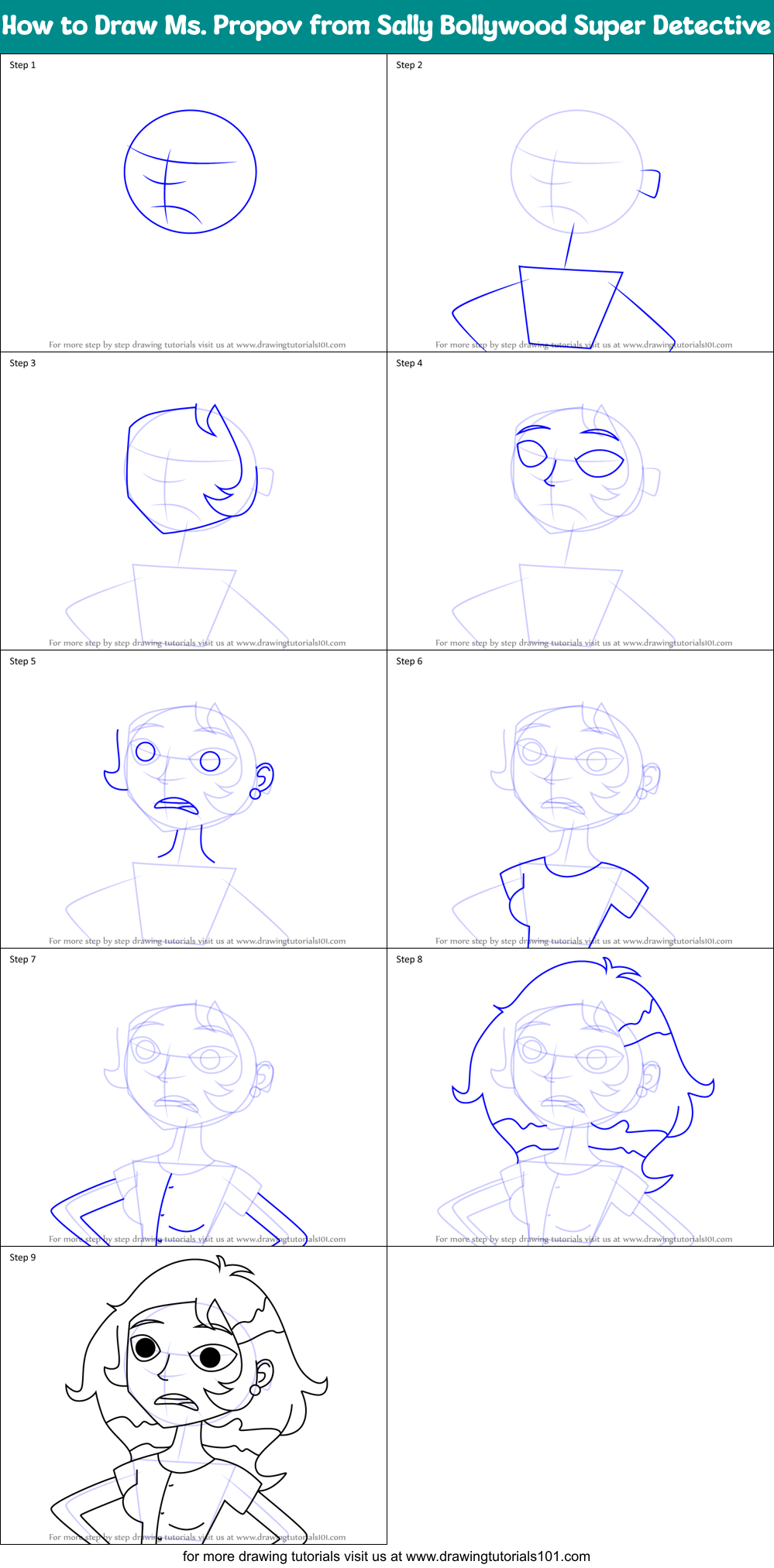 How to Draw Ms. Propov from Sally Bollywood Super Detective Printable Step by Step