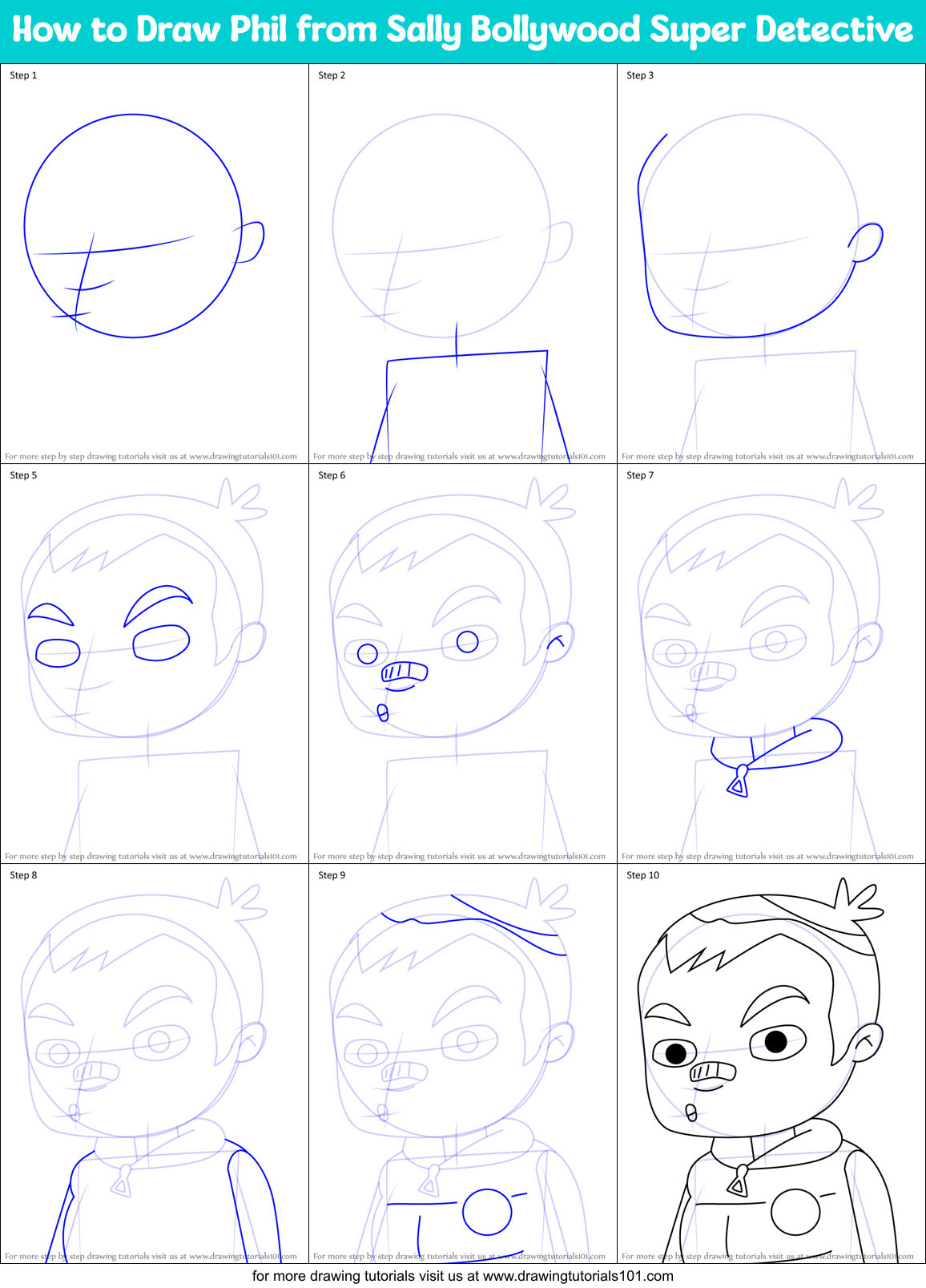 How to Draw Phil from Sally Bollywood Super Detective Printable Step by Step