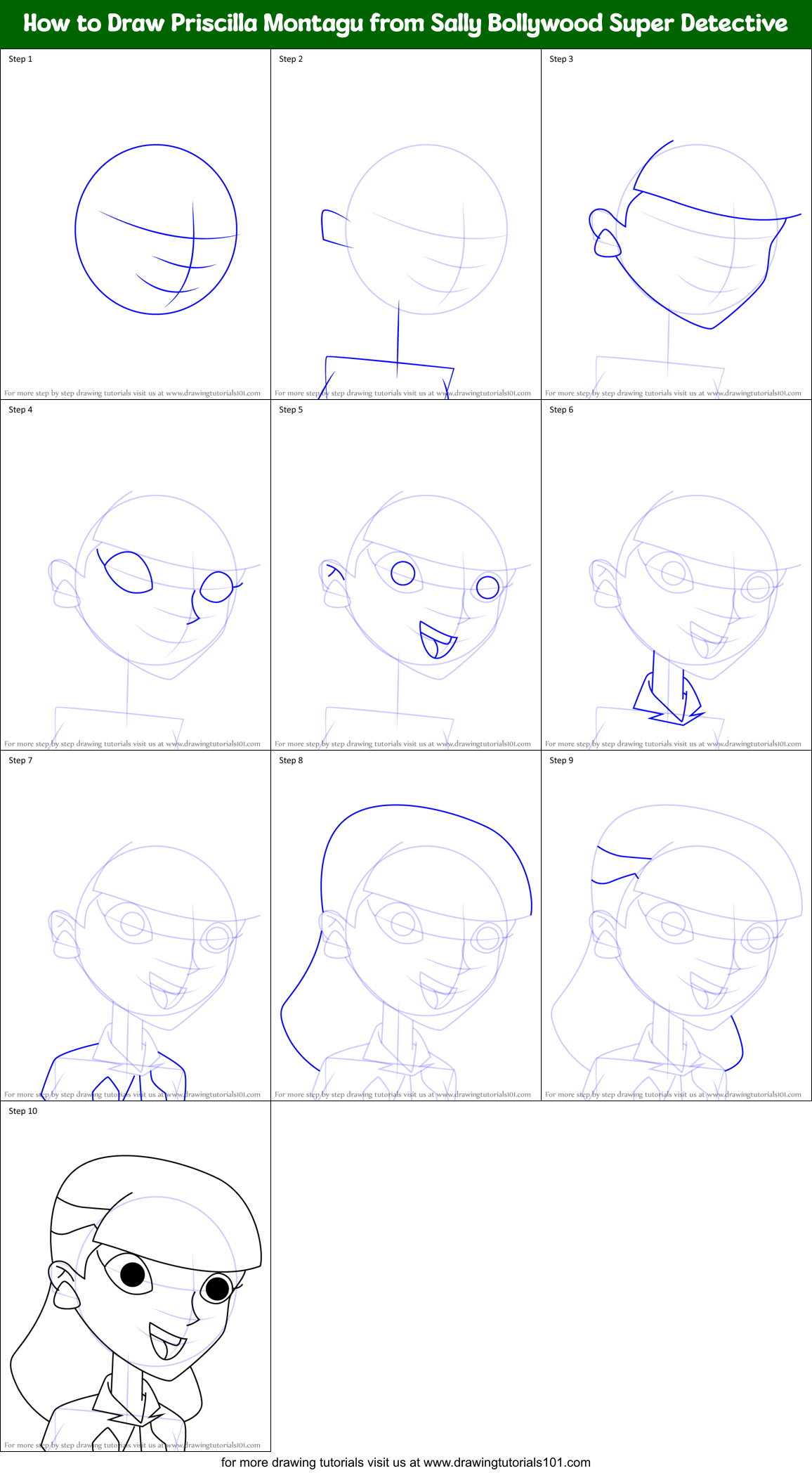 How to Draw Priscilla Montagu from Sally Bollywood Super Detective Printable Step by Step