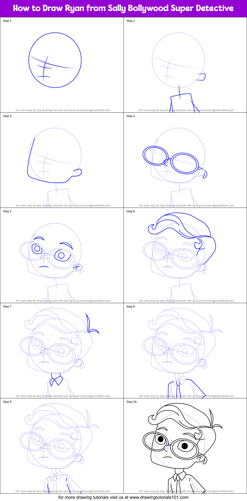 How to Draw Ryan from Sally Bollywood Super Detective Printable Step by Step
