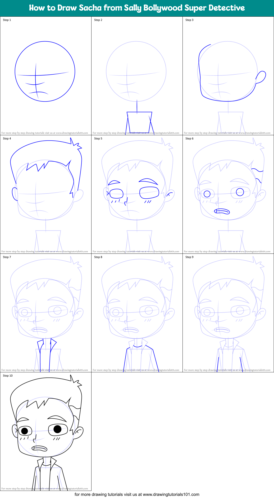 How to Draw Sacha from Sally Bollywood Super Detective Printable Step by Step