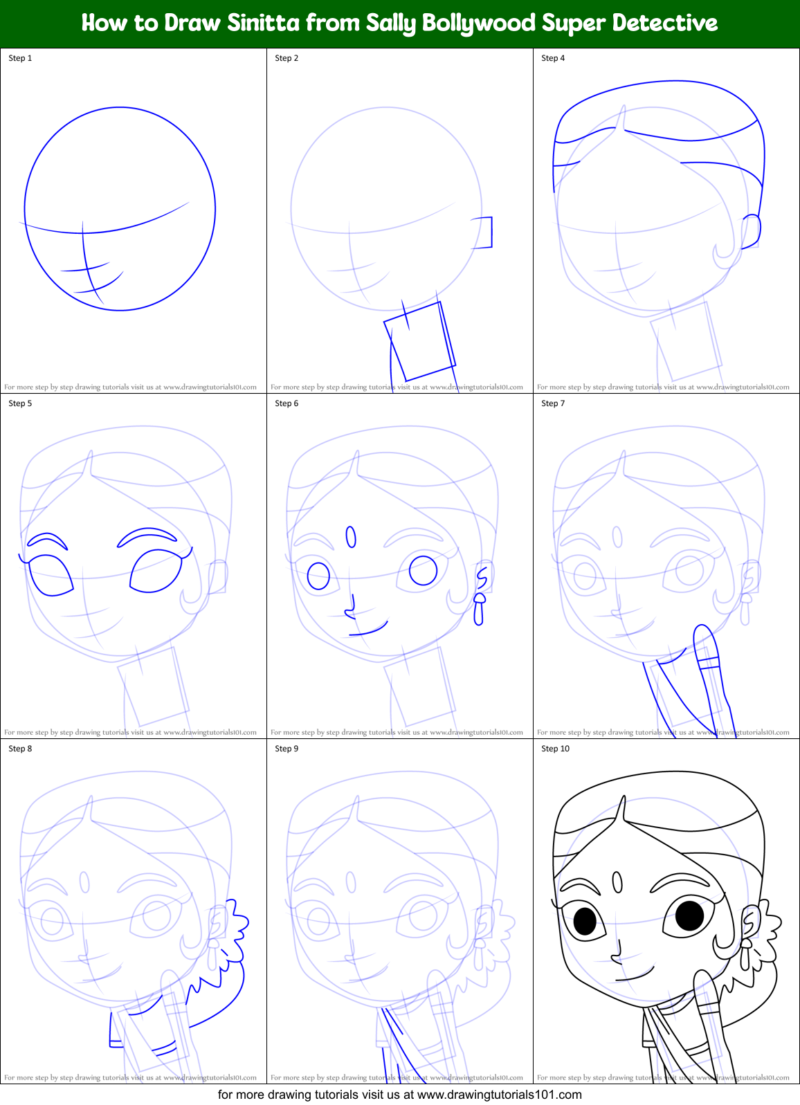How to Draw Sinitta from Sally Bollywood Super Detective Printable Step by Step