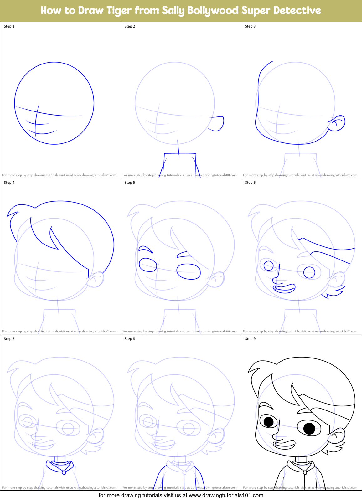 How to Draw Tiger from Sally Bollywood Super Detective Printable Step by Step