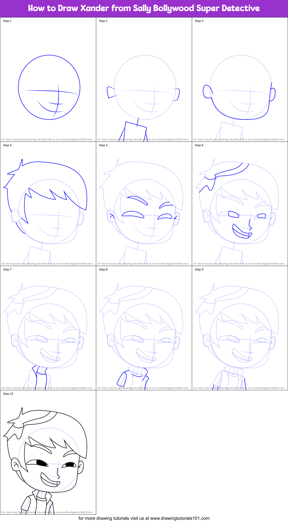 How to Draw Xander from Sally Bollywood Super Detective Printable Step by Step