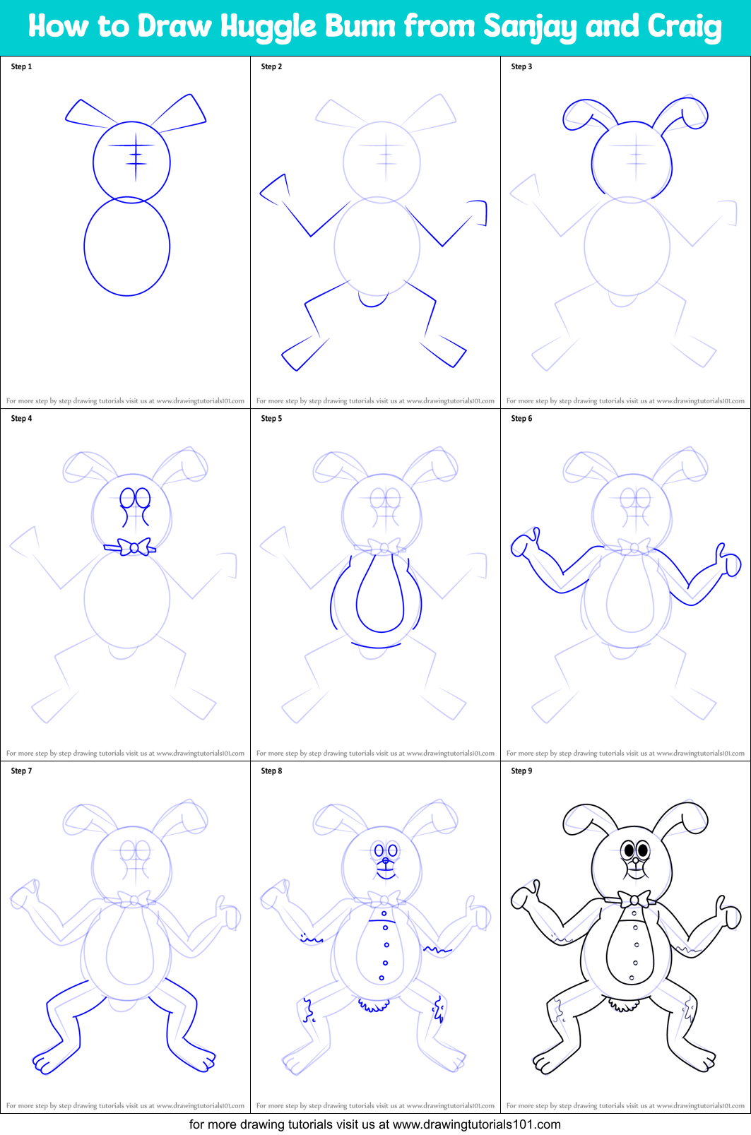 How to Draw Huggle Bunn from Sanjay and Craig Printable Step by Step
