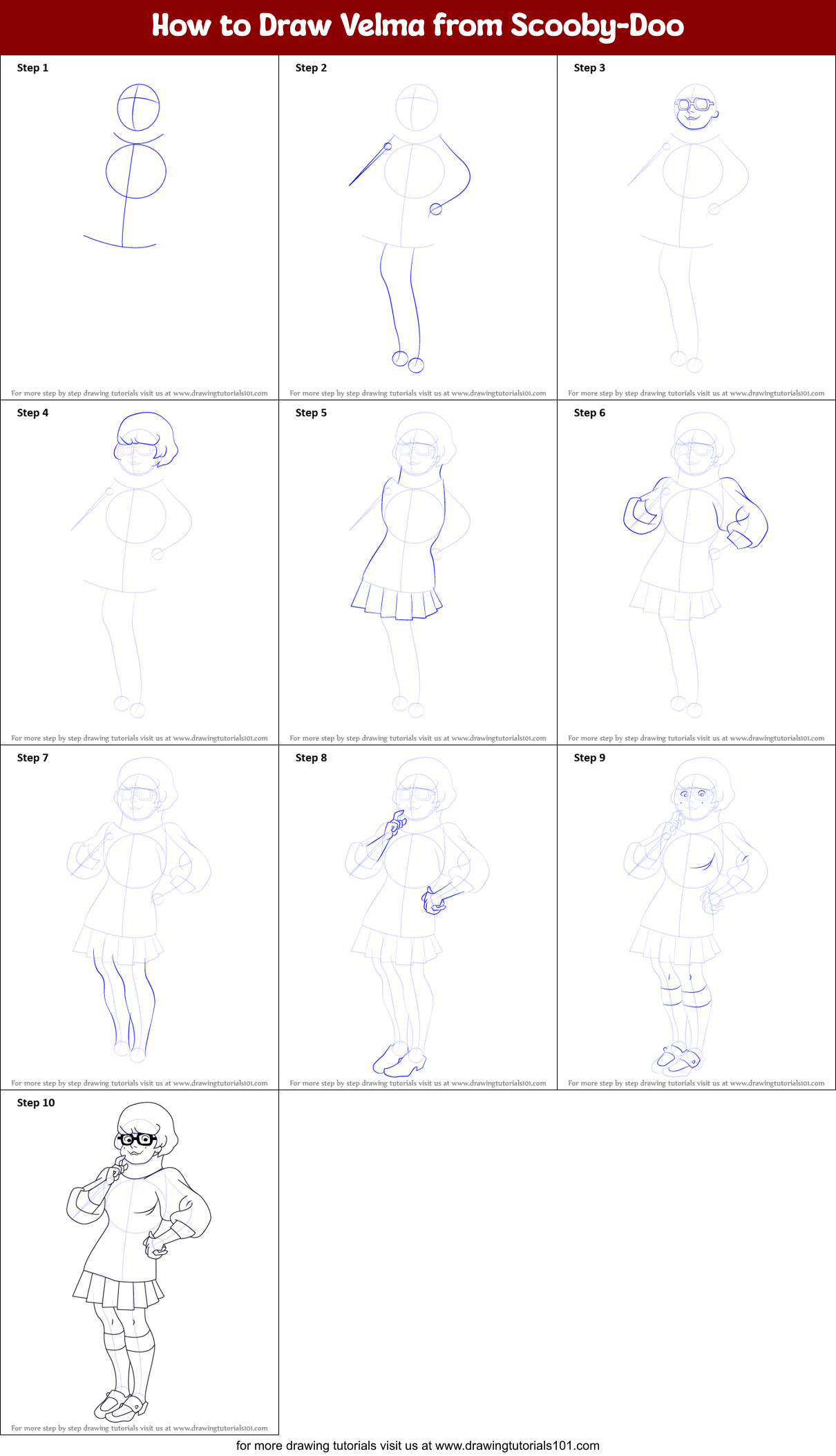 How to Draw Velma from Scooby-Doo Printable Step by Step