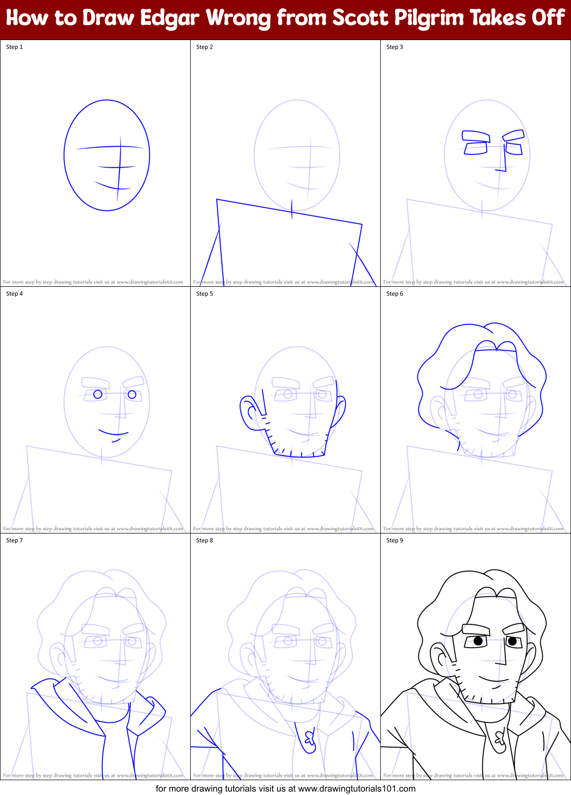 How to Draw Edgar Wrong from Scott Pilgrim Takes Off Printable Step by Step