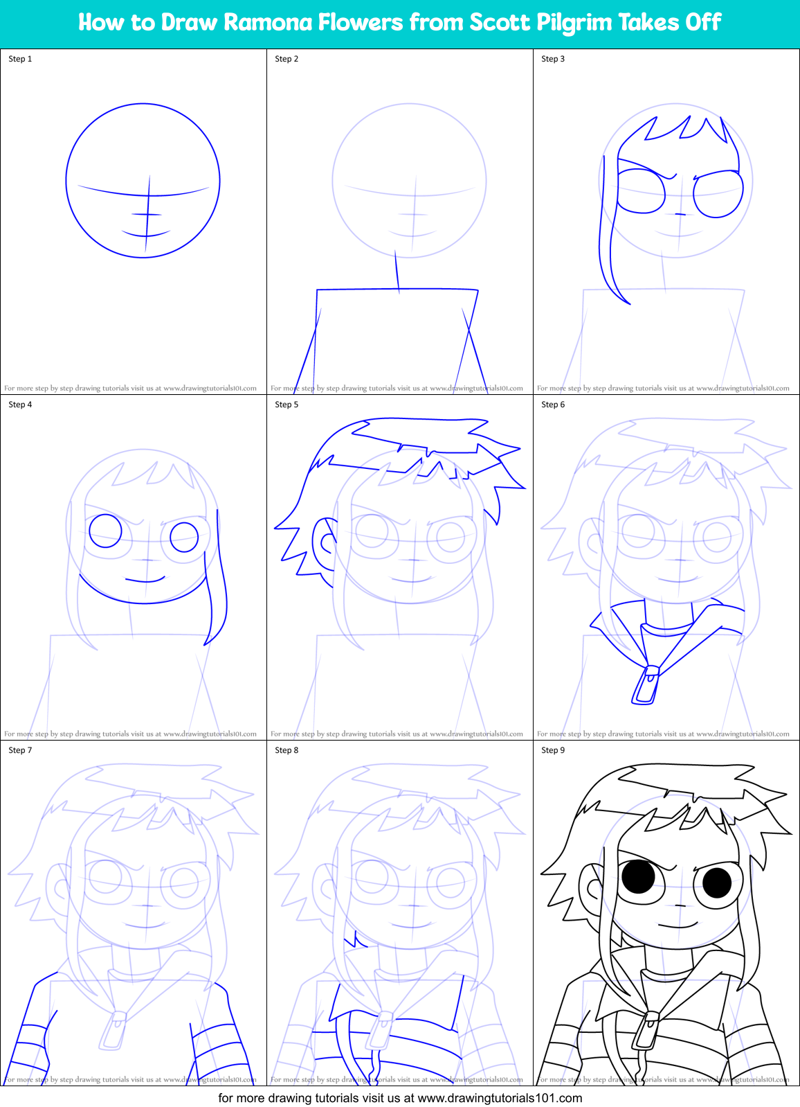 How to Draw Ramona Flowers from Scott Pilgrim Takes Off Printable Step by Step