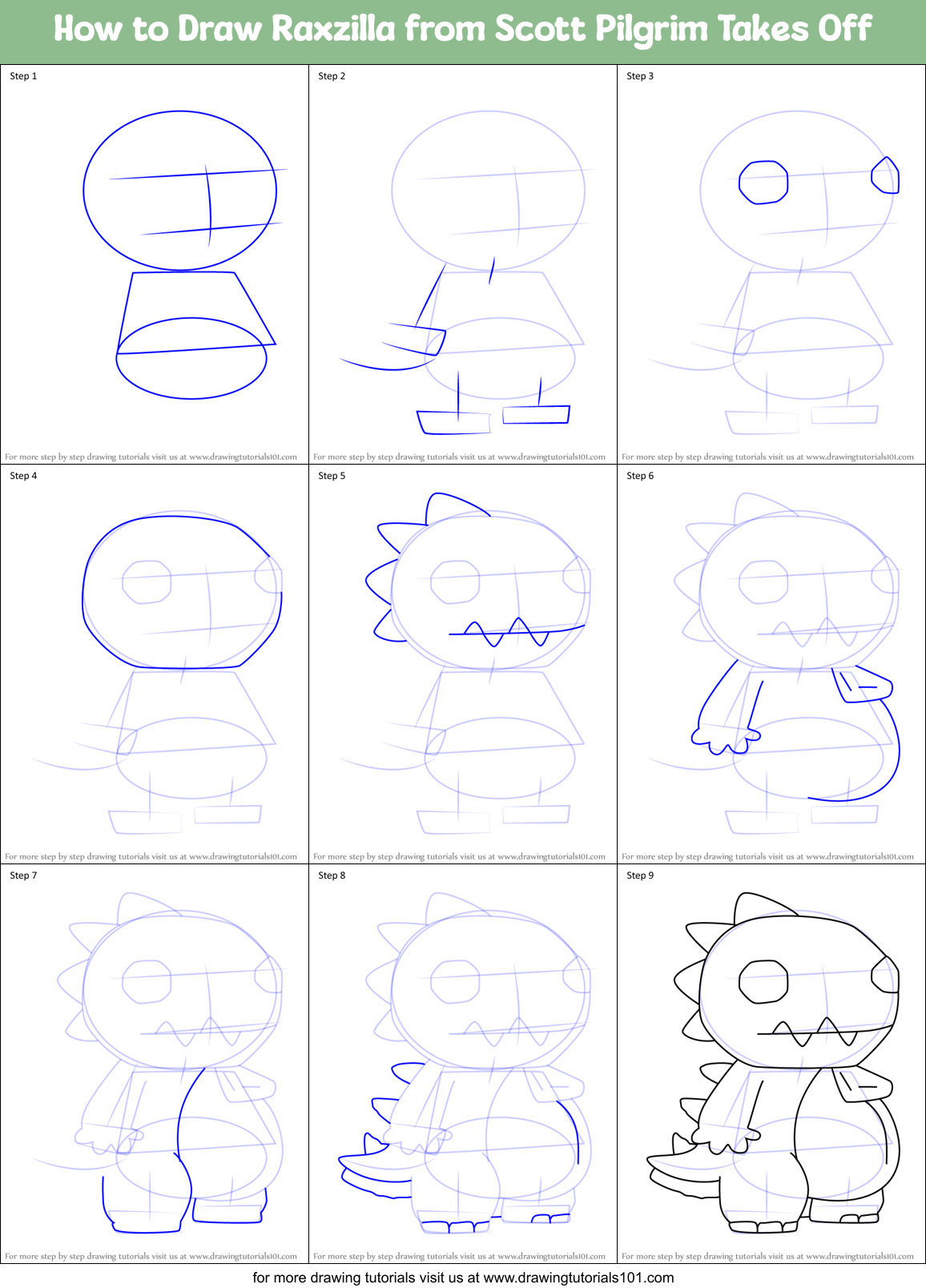 How to Draw Raxzilla from Scott Pilgrim Takes Off Printable Step by Step
