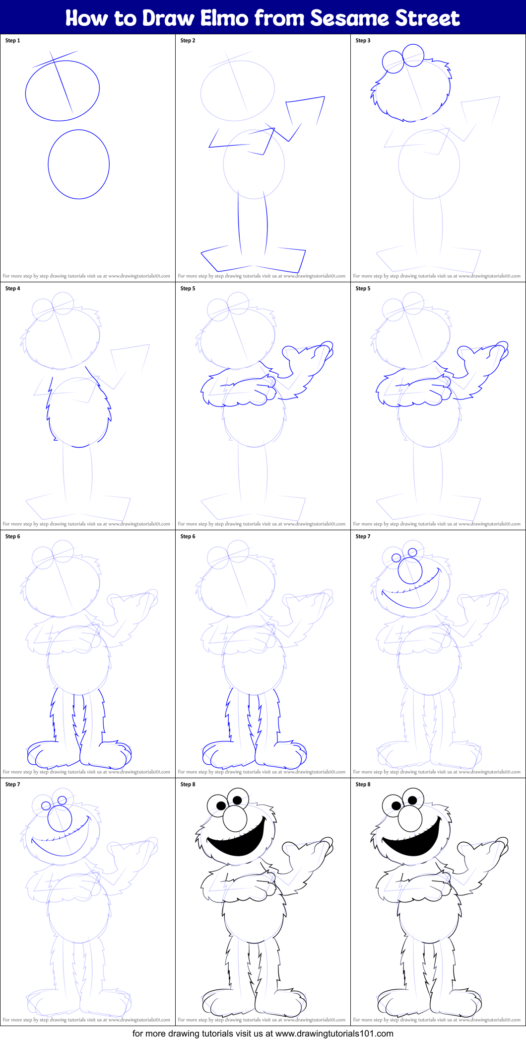 How to Draw Elmo from Sesame Street Printable Step by Step