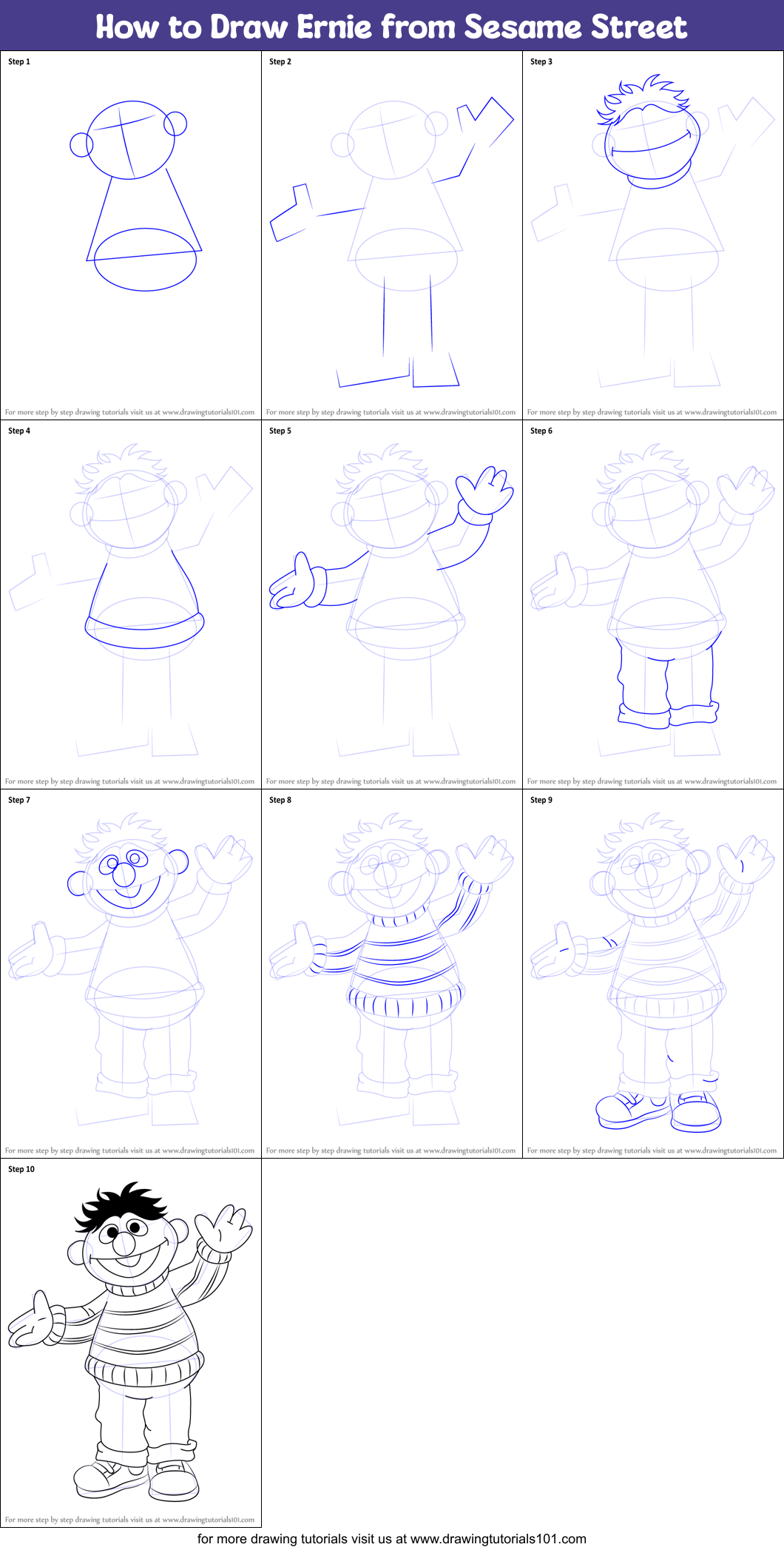 How to Draw Ernie from Sesame Street Printable Step by Step
