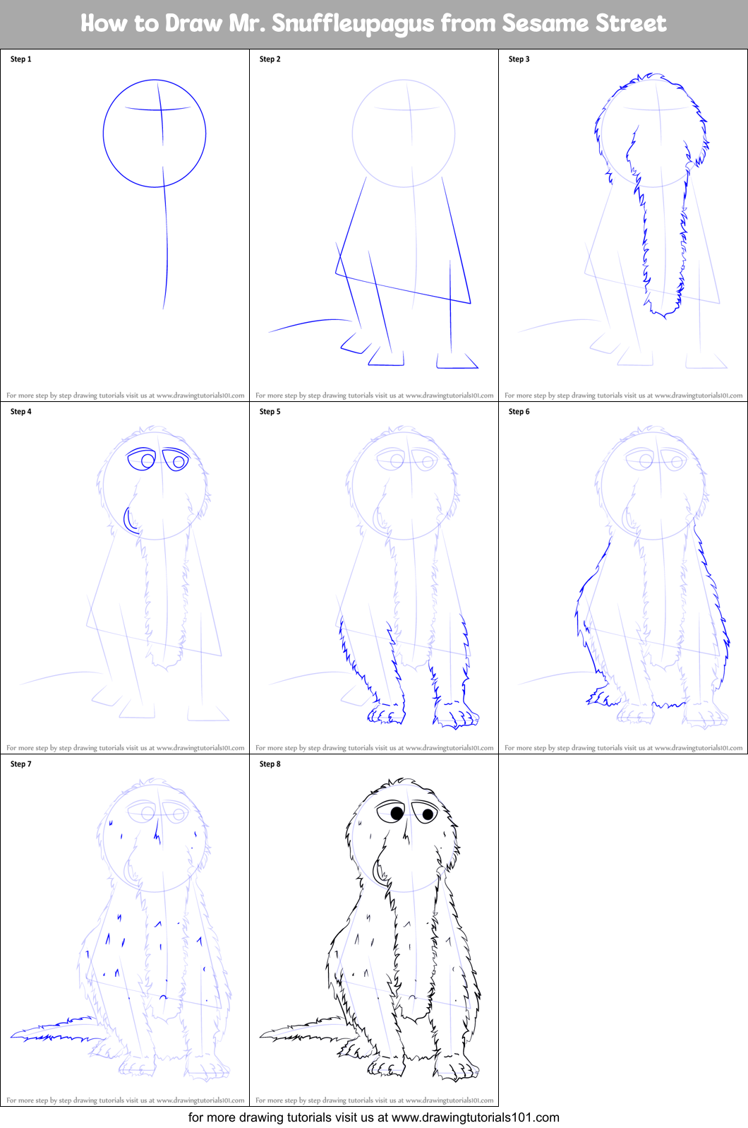 How to Draw Mr. Snuffleupagus from Sesame Street Printable Step by Step