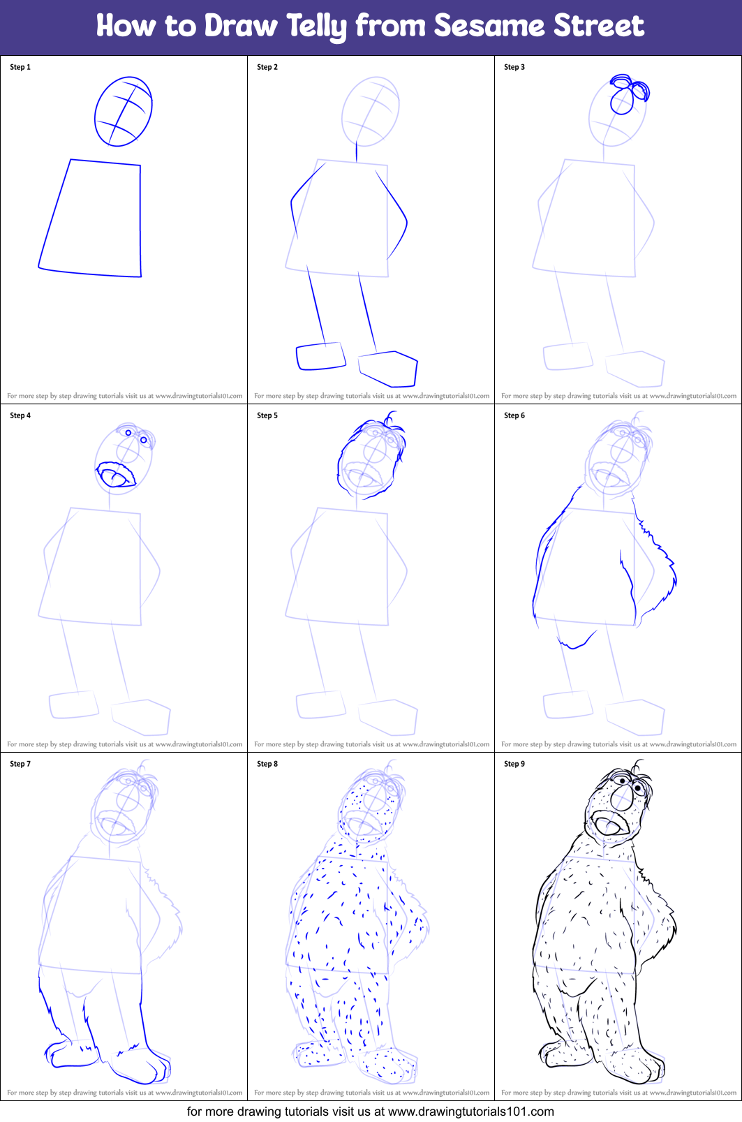 How to Draw Telly from Sesame Street Printable Step by Step