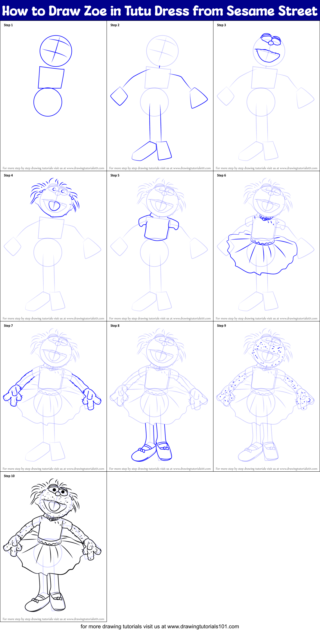 How to Draw Zoe in Tutu Dress from Sesame Street Printable Step by Step