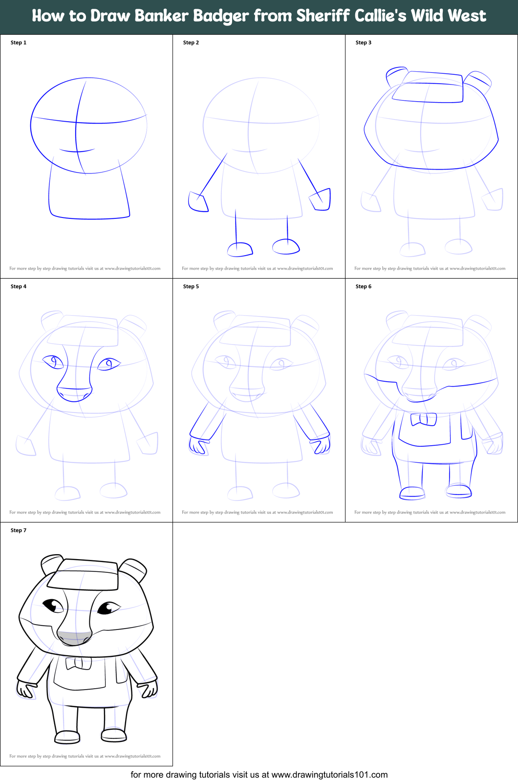 How to Draw Banker Badger from Sheriff Callie's Wild West Printable Step by Step