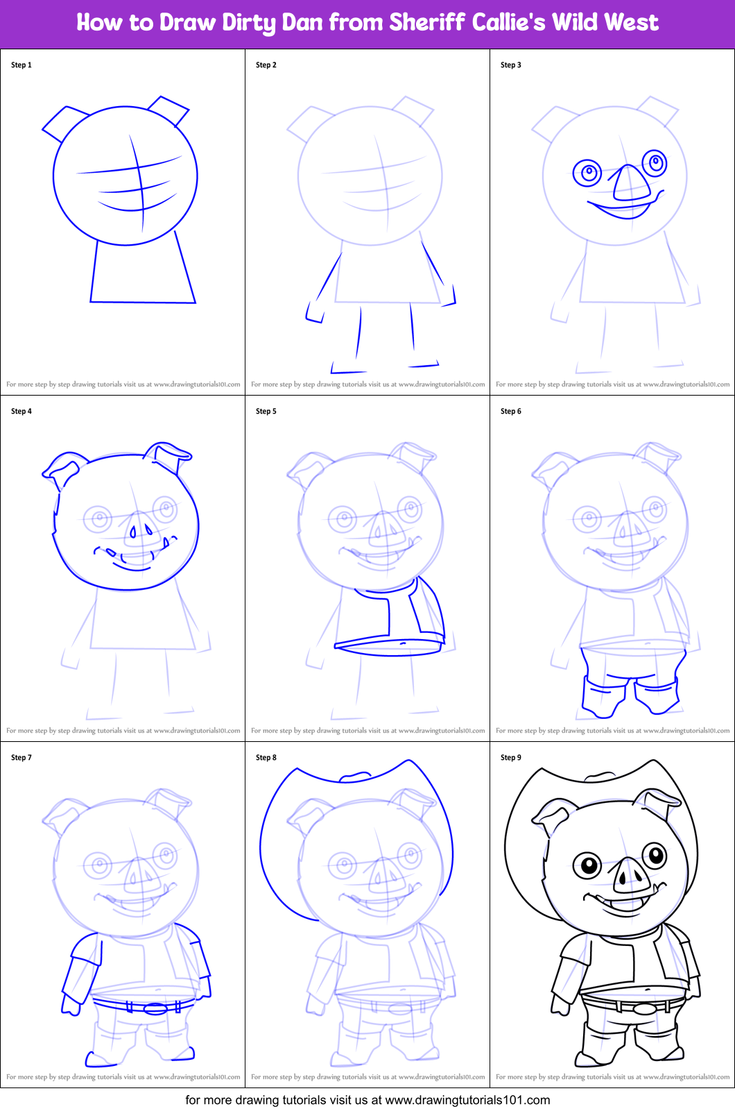 How to Draw Dirty Dan from Sheriff Callie's Wild West Printable Step by Step