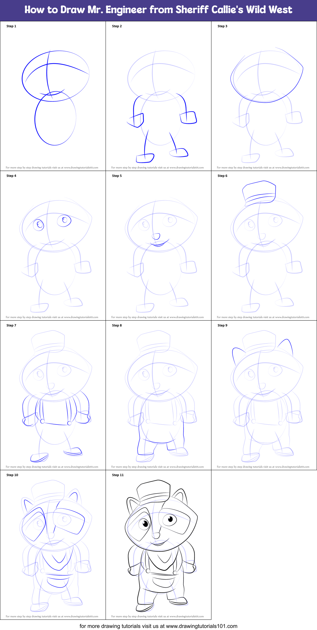 How to Draw Mr. Engineer from Sheriff Callie's Wild West Printable Step by Step