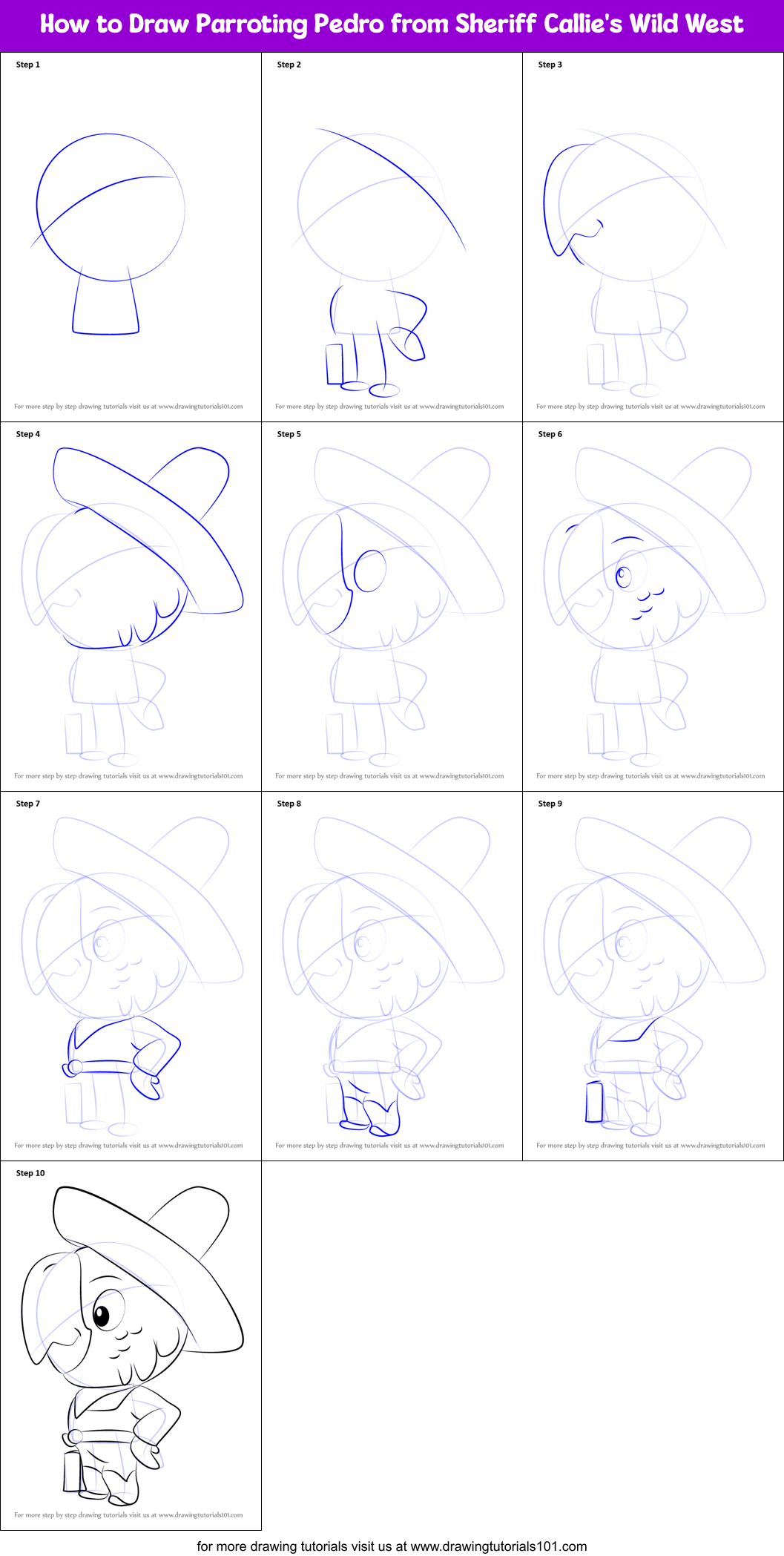 How to Draw Parroting Pedro from Sheriff Callie's Wild West Printable Step by Step