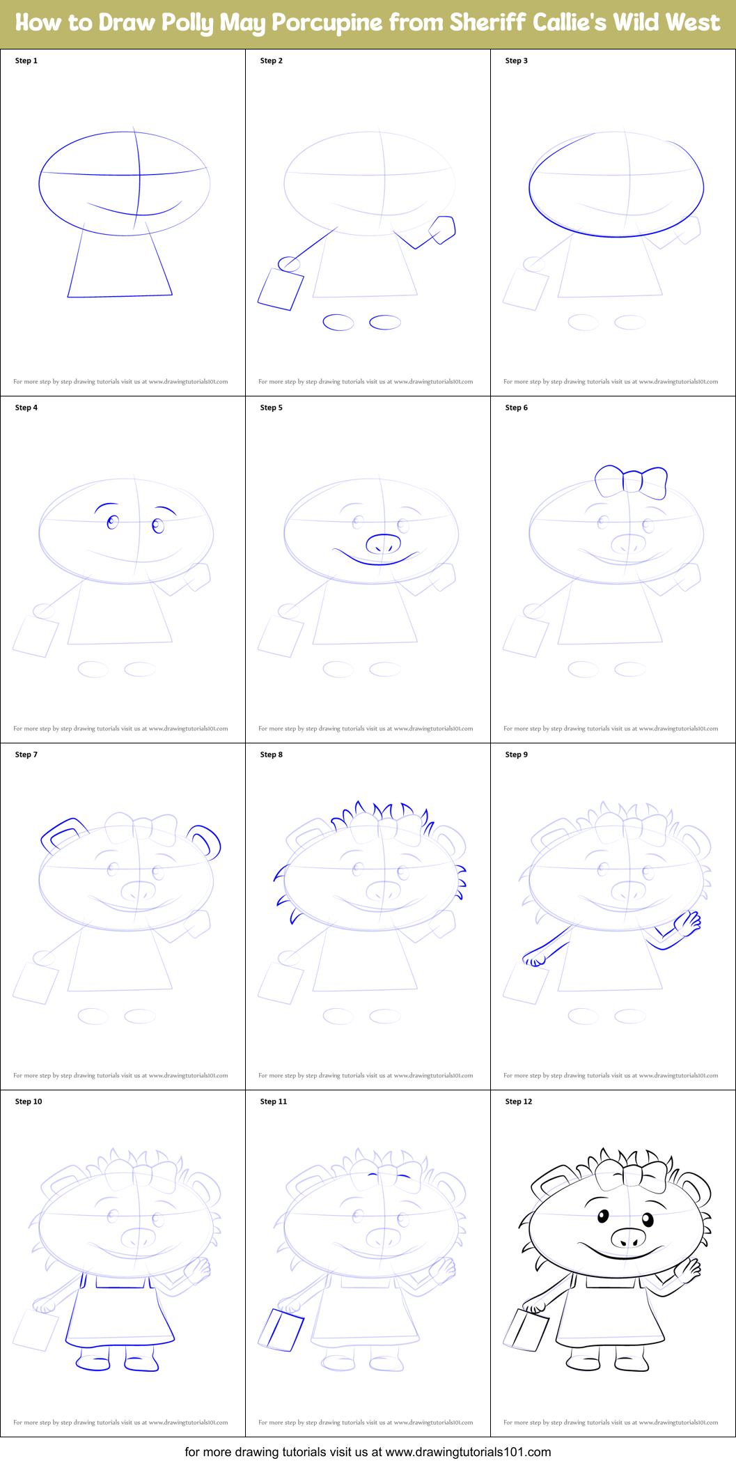 How to Draw Polly May Porcupine from Sheriff Callie's Wild West Printable Step by Step