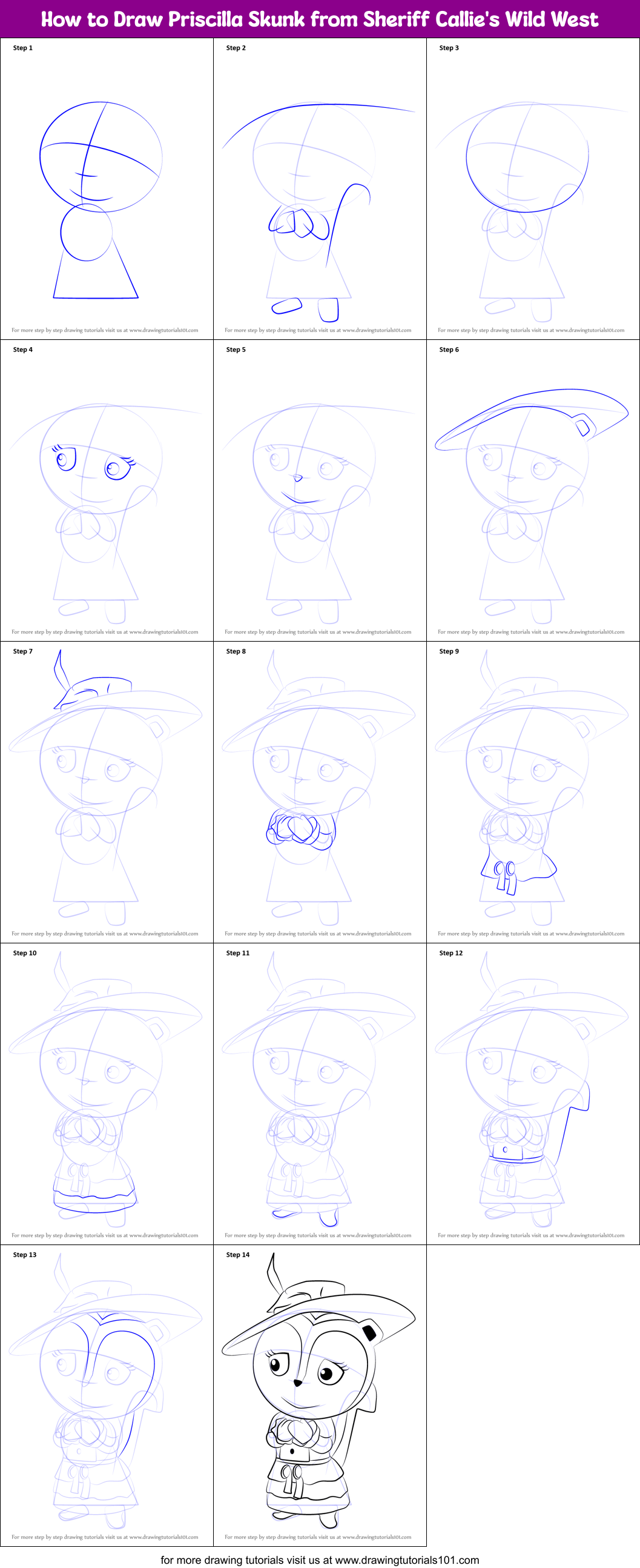 How to Draw Priscilla Skunk from Sheriff Callie's Wild West Printable Step by Step