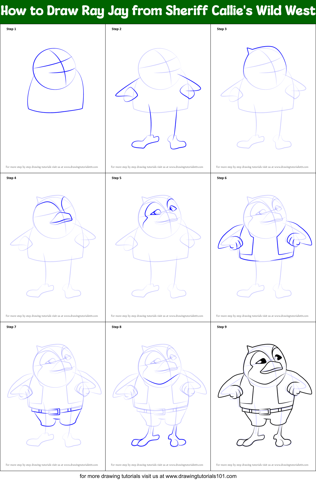How to Draw Ray Jay from Sheriff Callie's Wild West Printable Step by Step
