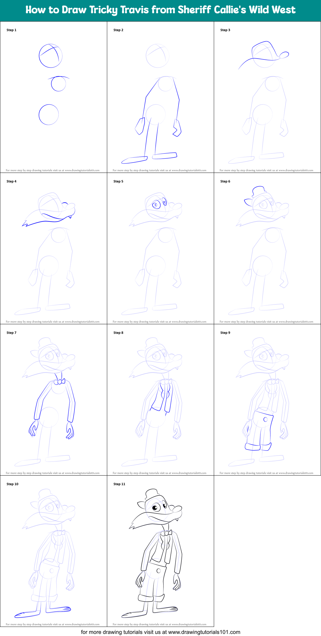 How to Draw Tricky Travis from Sheriff Callie's Wild West Printable Step by Step