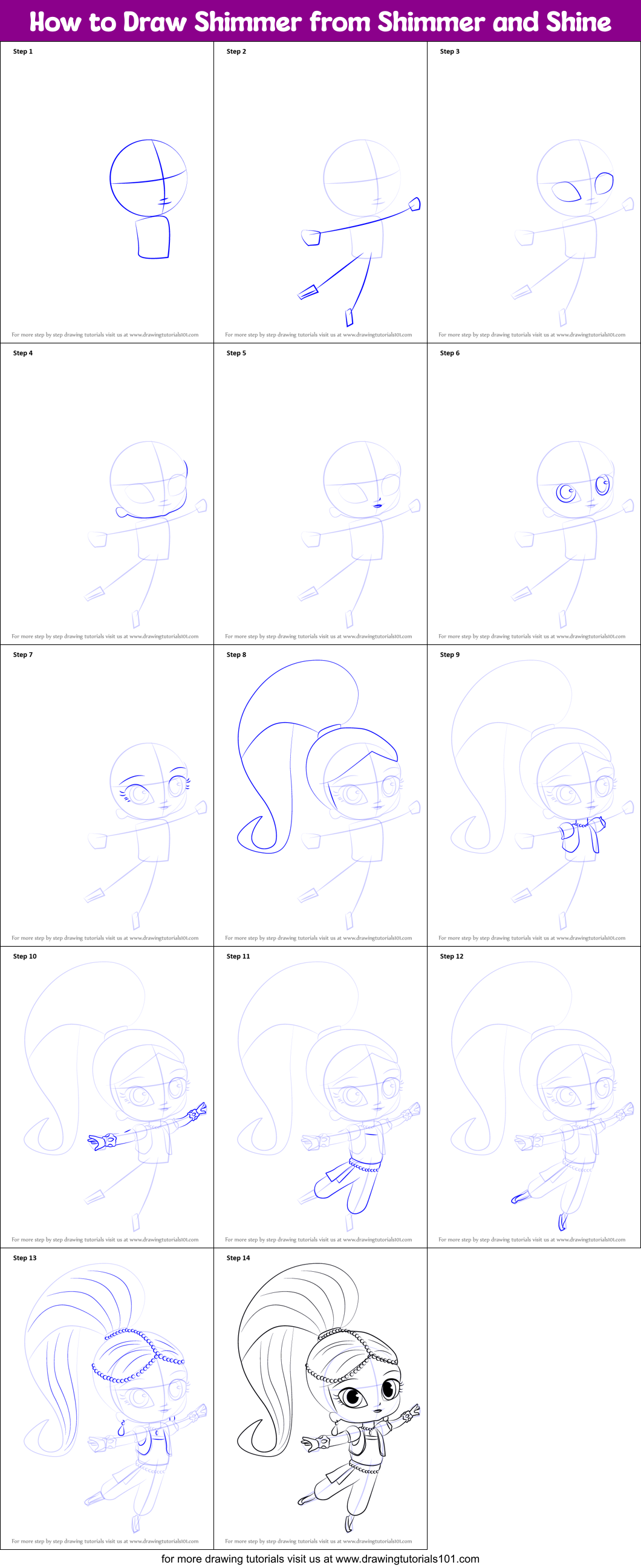 How to Draw Shimmer from Shimmer and Shine Printable Step by Step