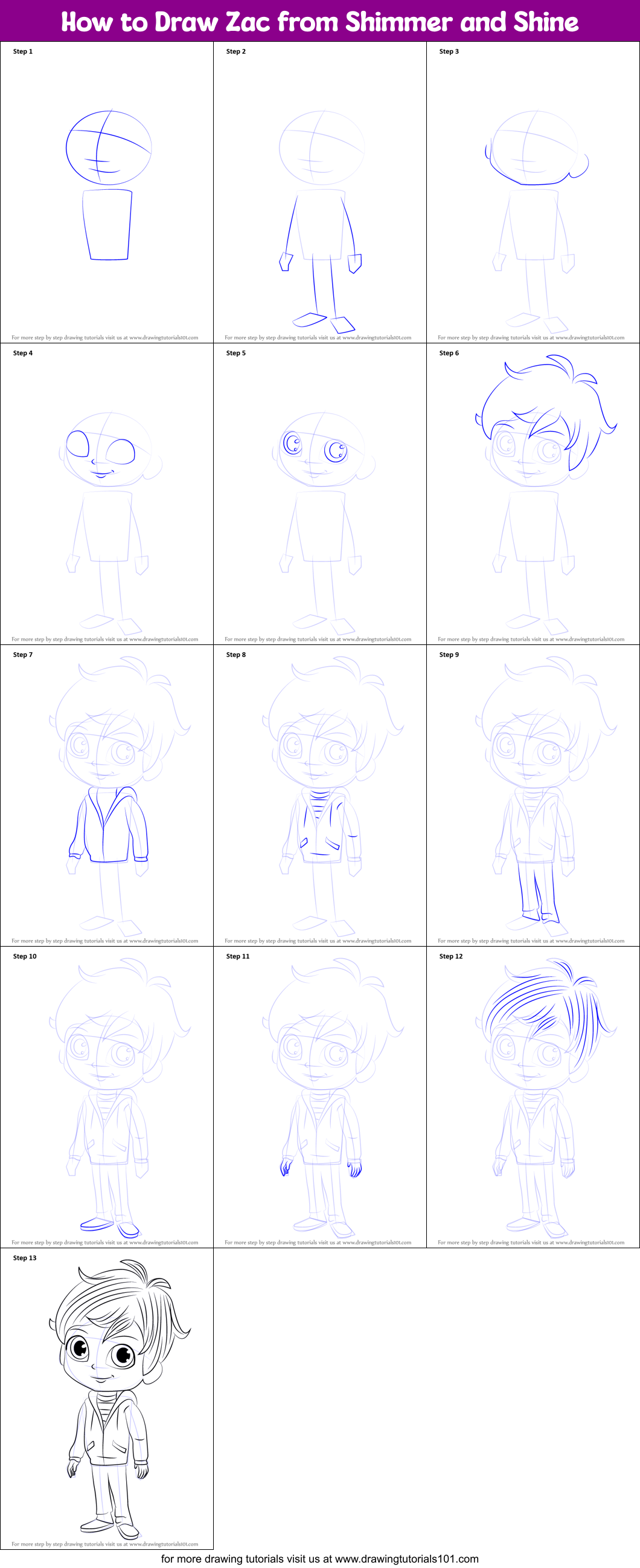How to Draw Zac from Shimmer and Shine Printable Step by Step