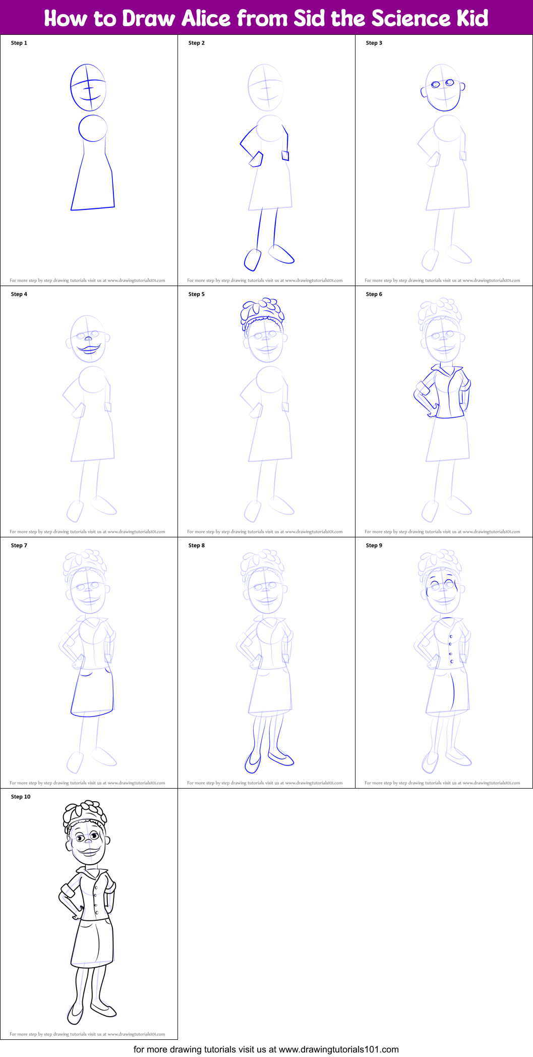 How to Draw Alice from Sid the Science Kid Printable Step by Step