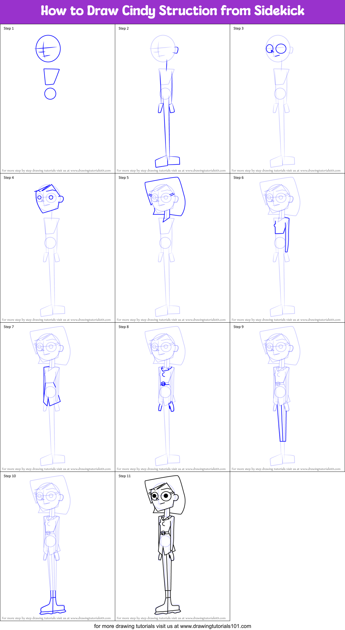 How to Draw Cindy Struction from Sidekick Printable Step by Step