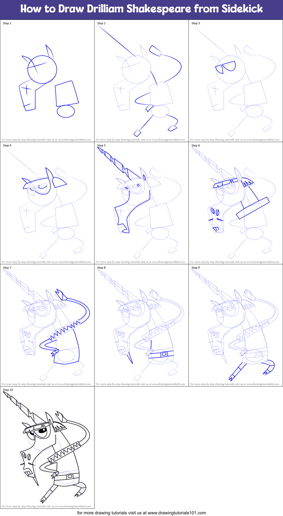 How to Draw Drilliam Shakespeare from Sidekick Printable Step by Step