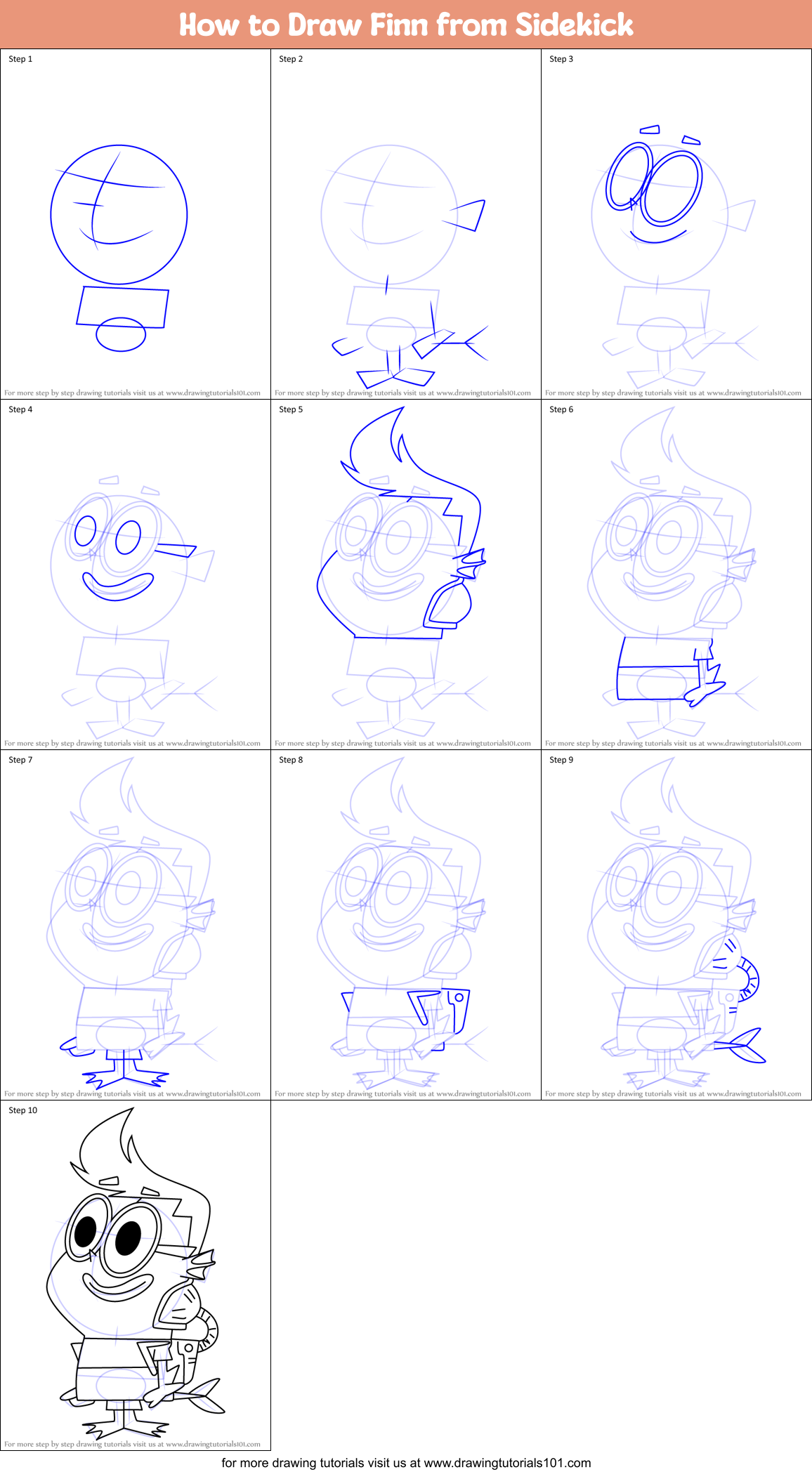 How to Draw Finn from Sidekick Printable Step by Step