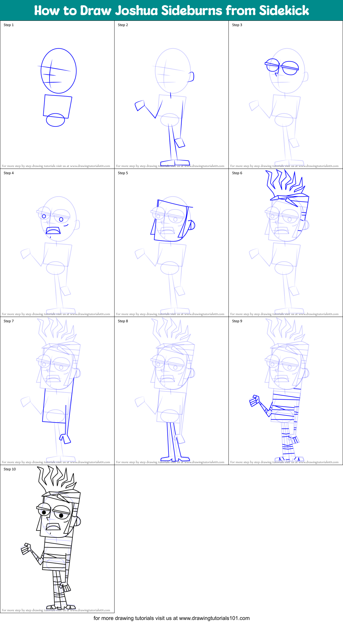 How to Draw Joshua Sideburns from Sidekick Printable Step by Step