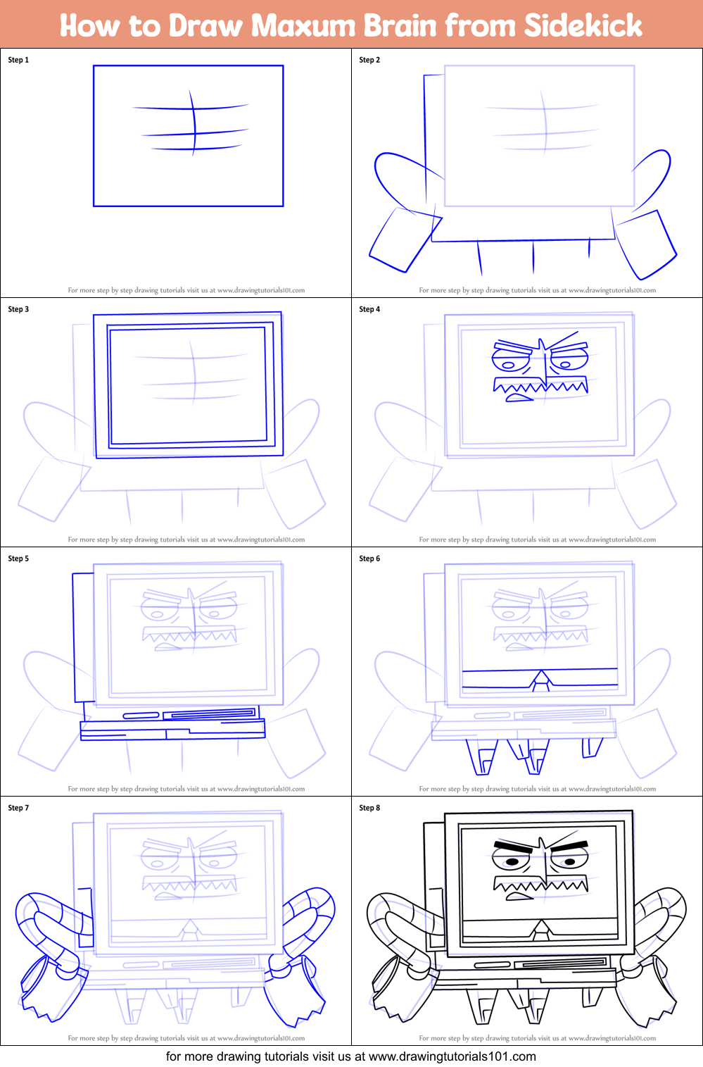 How to Draw Maxum Brain from Sidekick Printable Step by Step