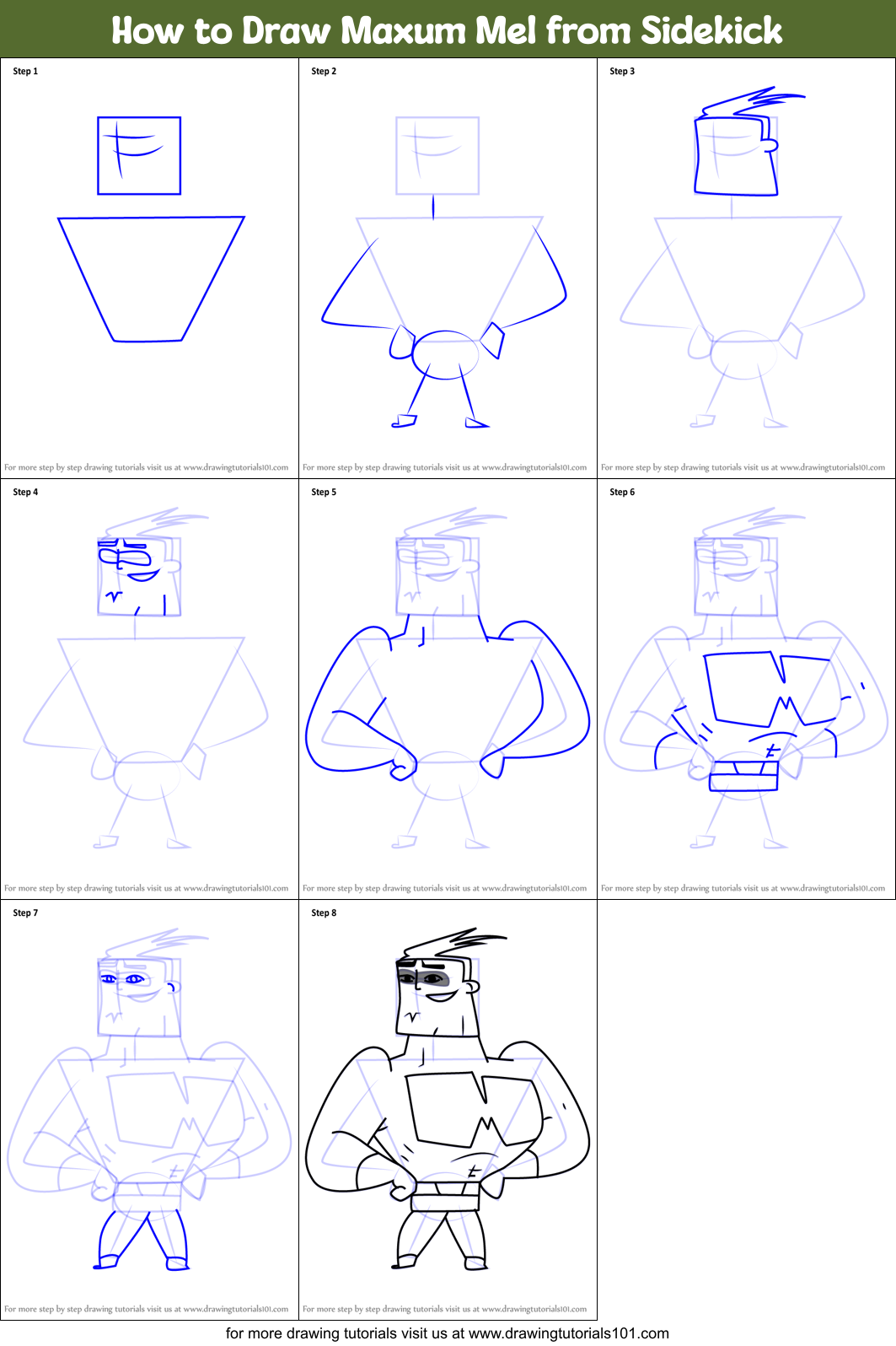 How to Draw Maxum Mel from Sidekick Printable Step by Step