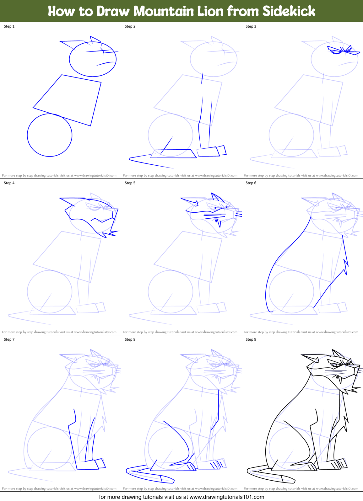 How to Draw Mountain Lion from Sidekick Printable Step by Step