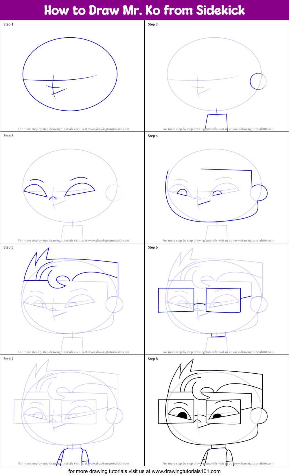 How to Draw Mr. Ko from Sidekick Printable Step by Step