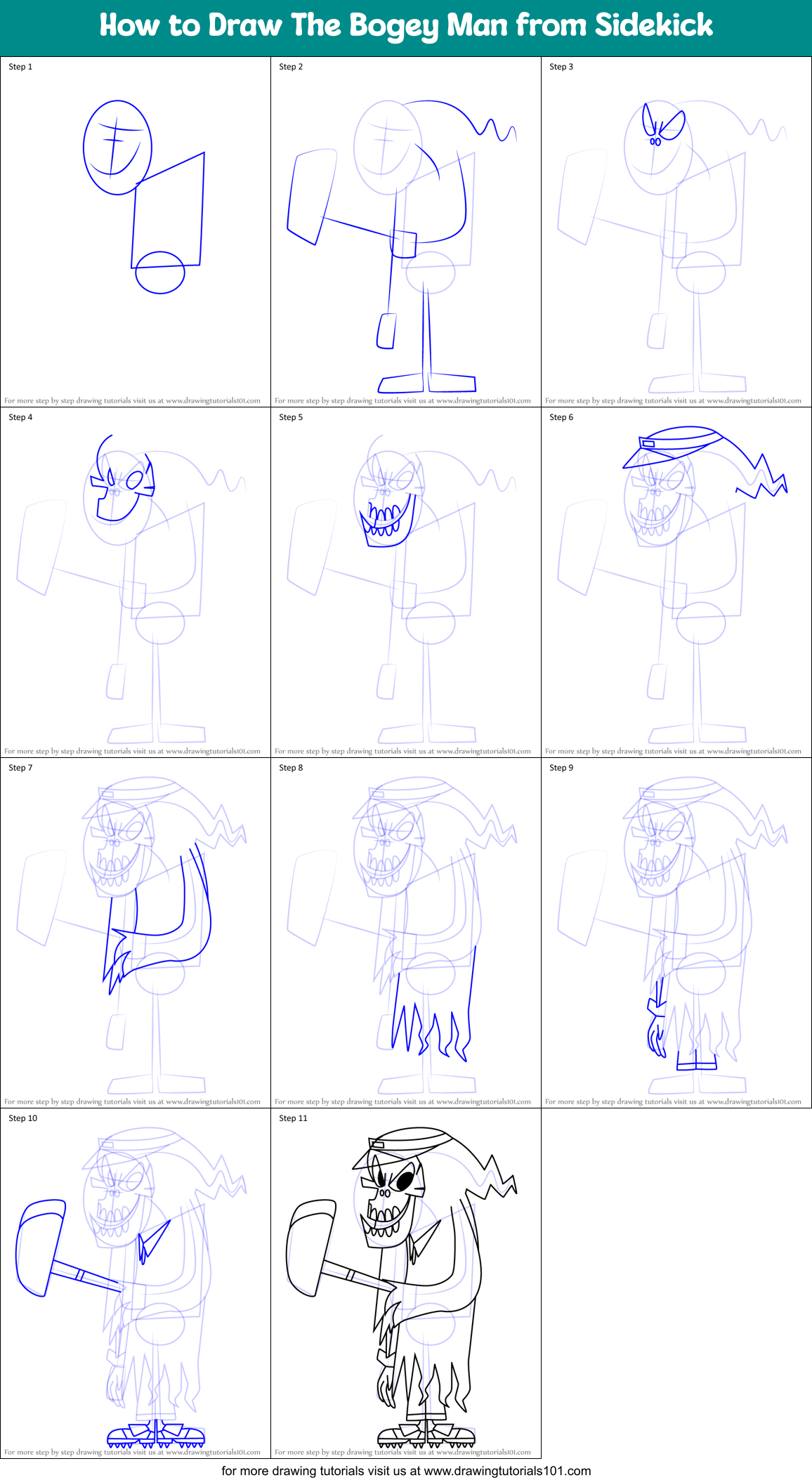 How to Draw The Bogey Man from Sidekick Printable Step by Step