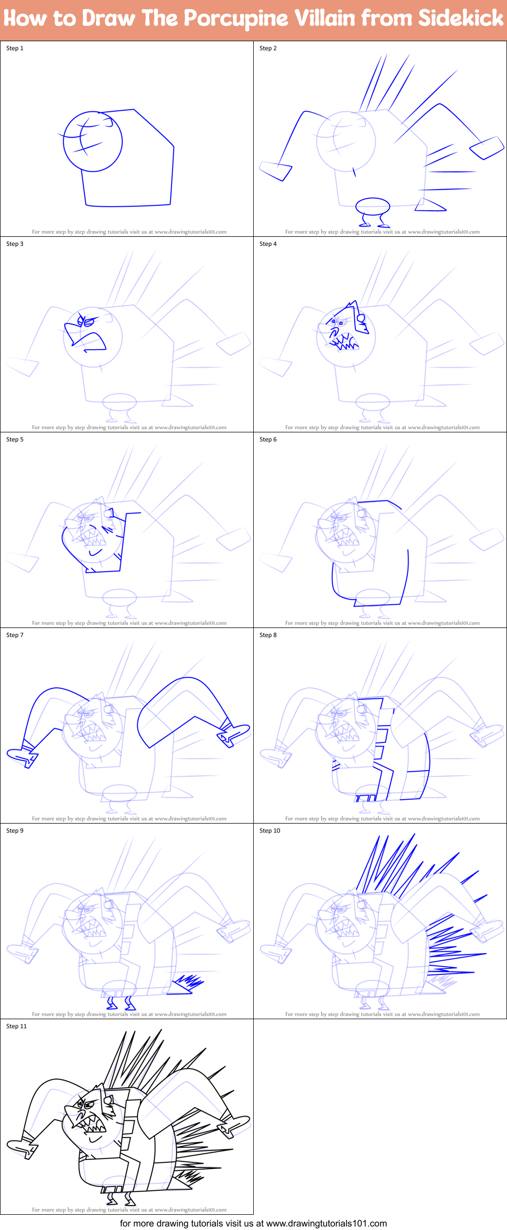 How to Draw The Porcupine Villain from Sidekick Printable Step by Step