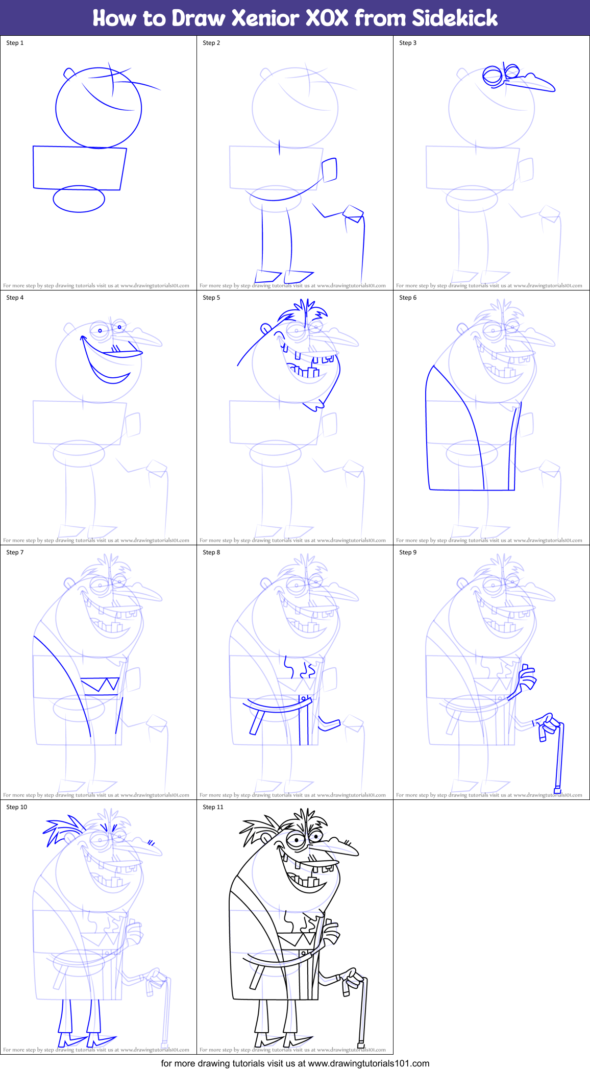 How to Draw Xenior XOX from Sidekick Printable Step by Step