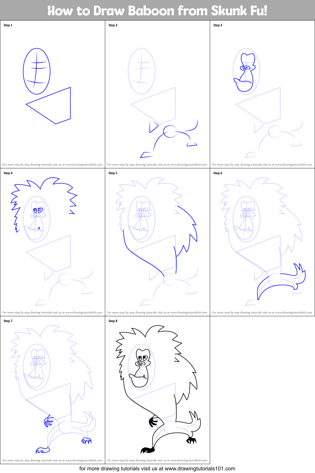 How to Draw Baboon from Skunk Fu! Printable Step by Step