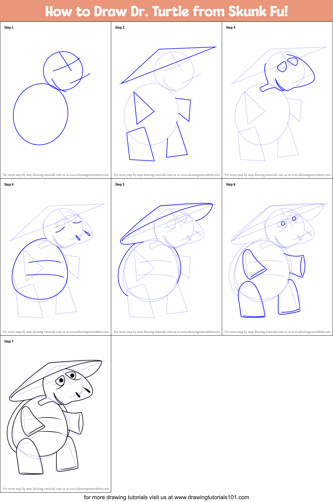 How to Draw Dr. Turtle from Skunk Fu! Printable Step by Step