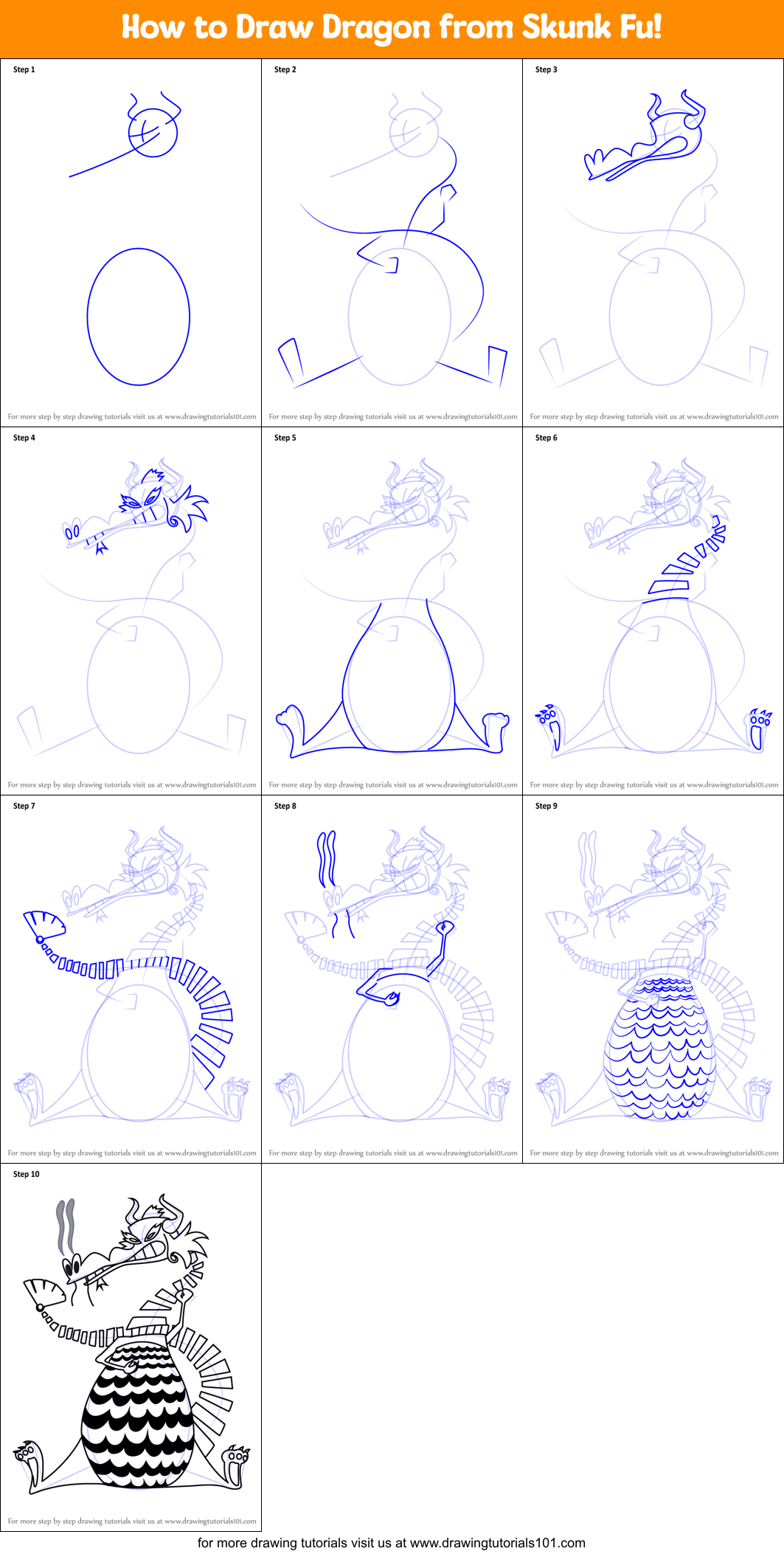 How to Draw Dragon from Skunk Fu! Printable Step by Step