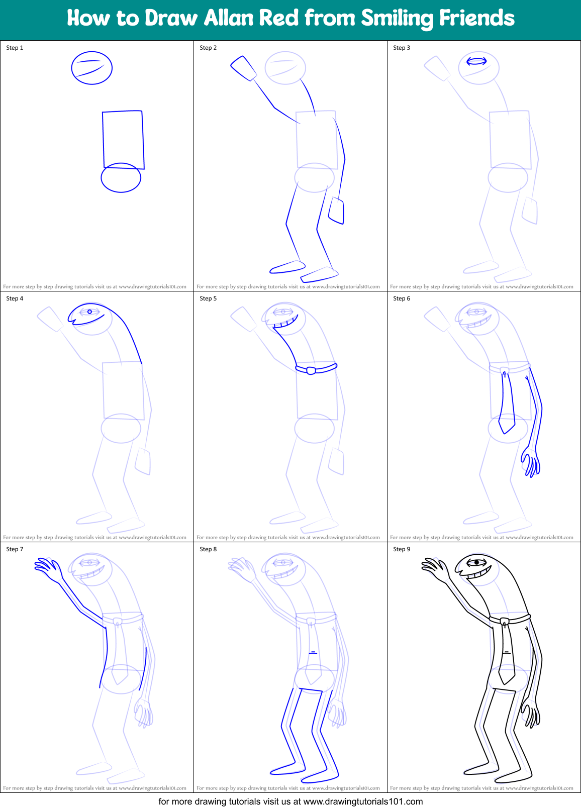 How to Draw Allan Red from Smiling Friends Printable Step by Step
