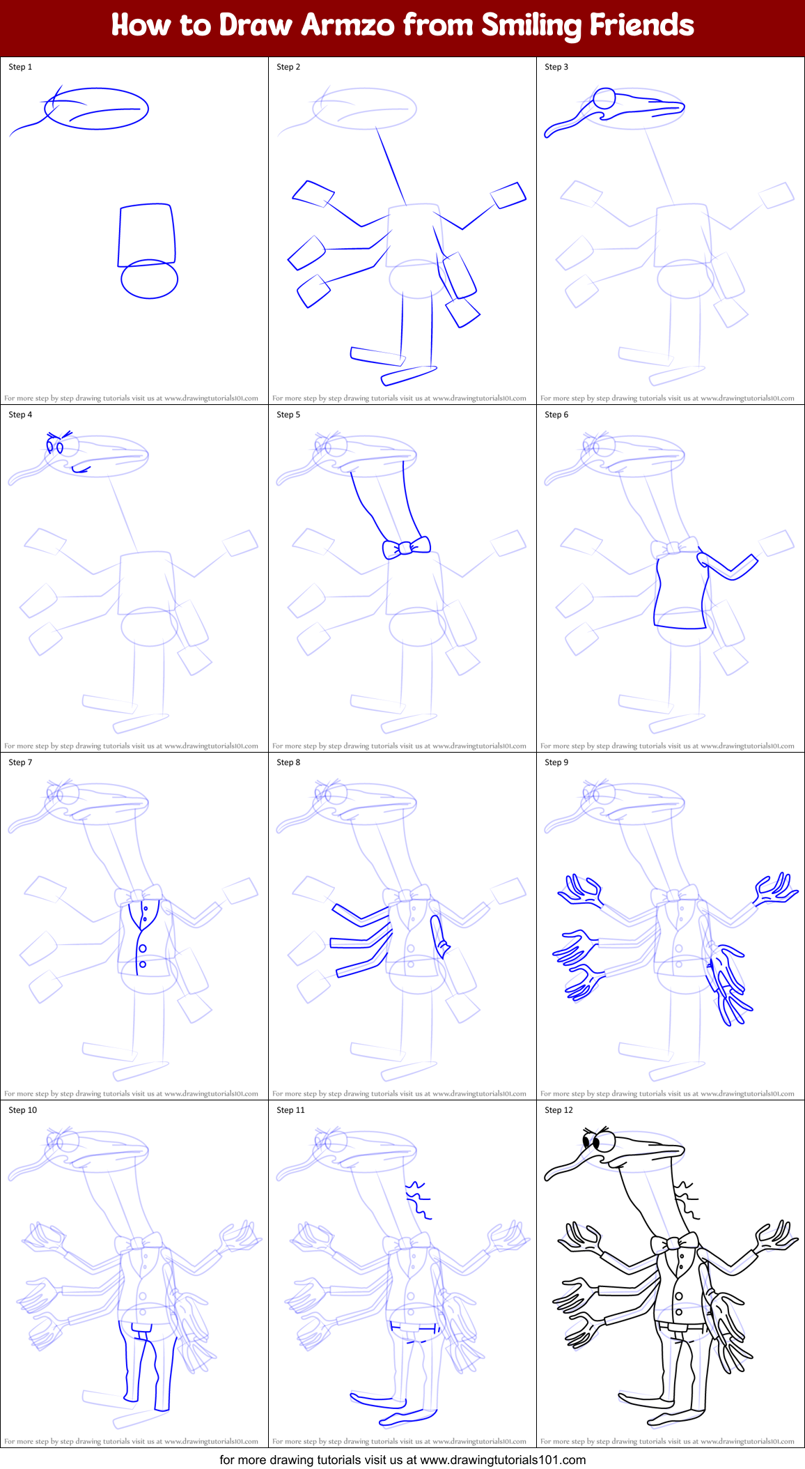 How to Draw Armzo from Smiling Friends Printable Step by Step