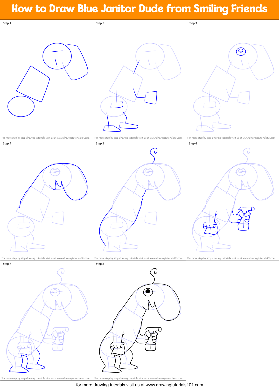 How to Draw Blue Janitor Dude from Smiling Friends Printable Step by Step
