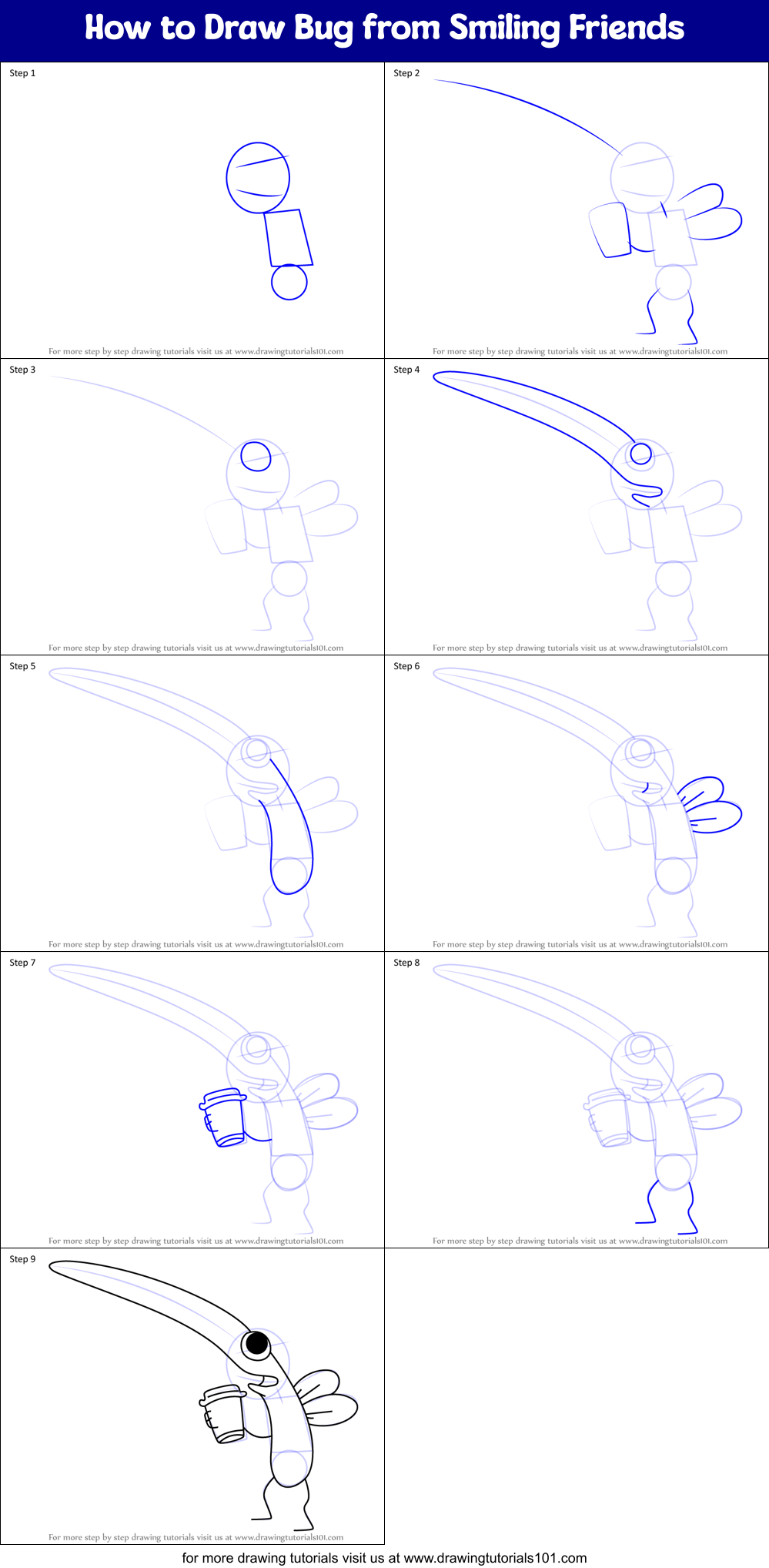 How to Draw Bug from Smiling Friends Printable Step by Step