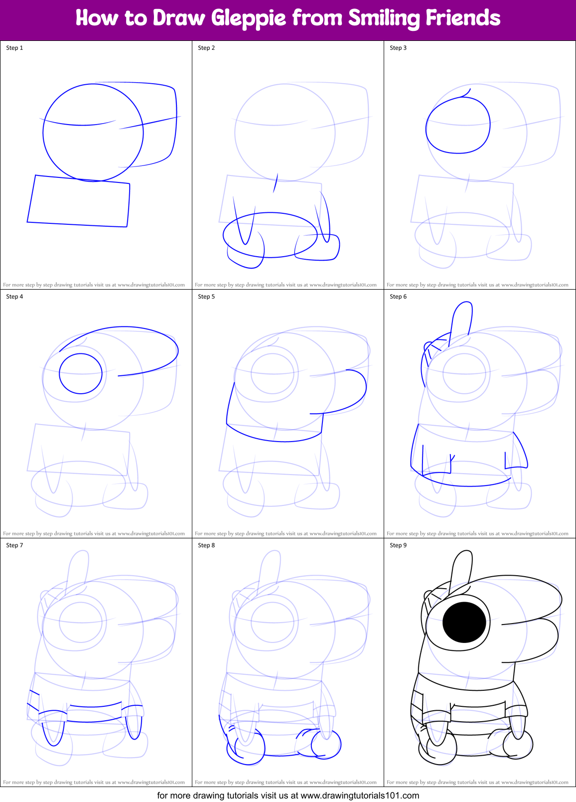 How to Draw Gleppie from Smiling Friends Printable Step by Step