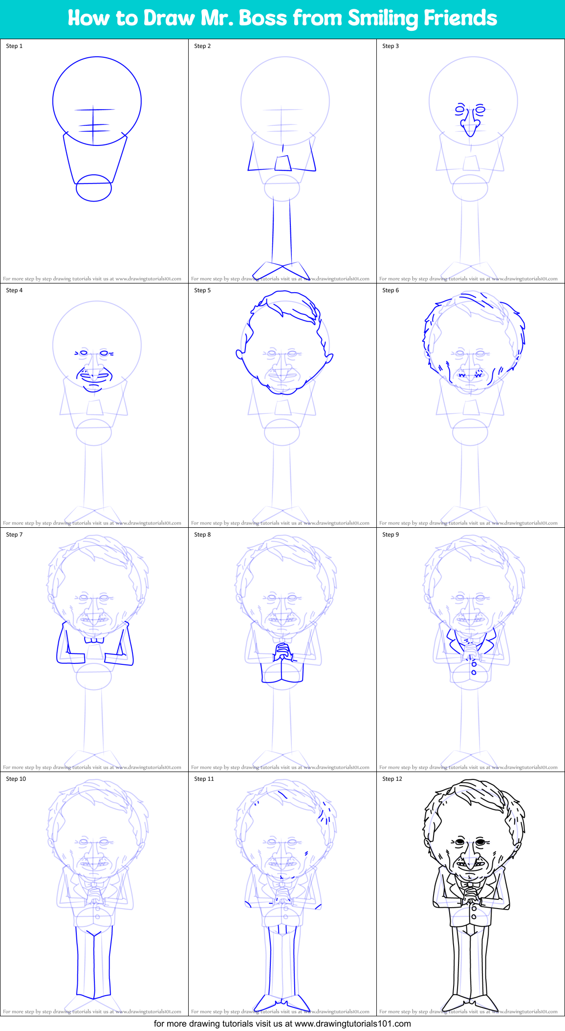 How to Draw Mr. Boss from Smiling Friends Printable Step by Step